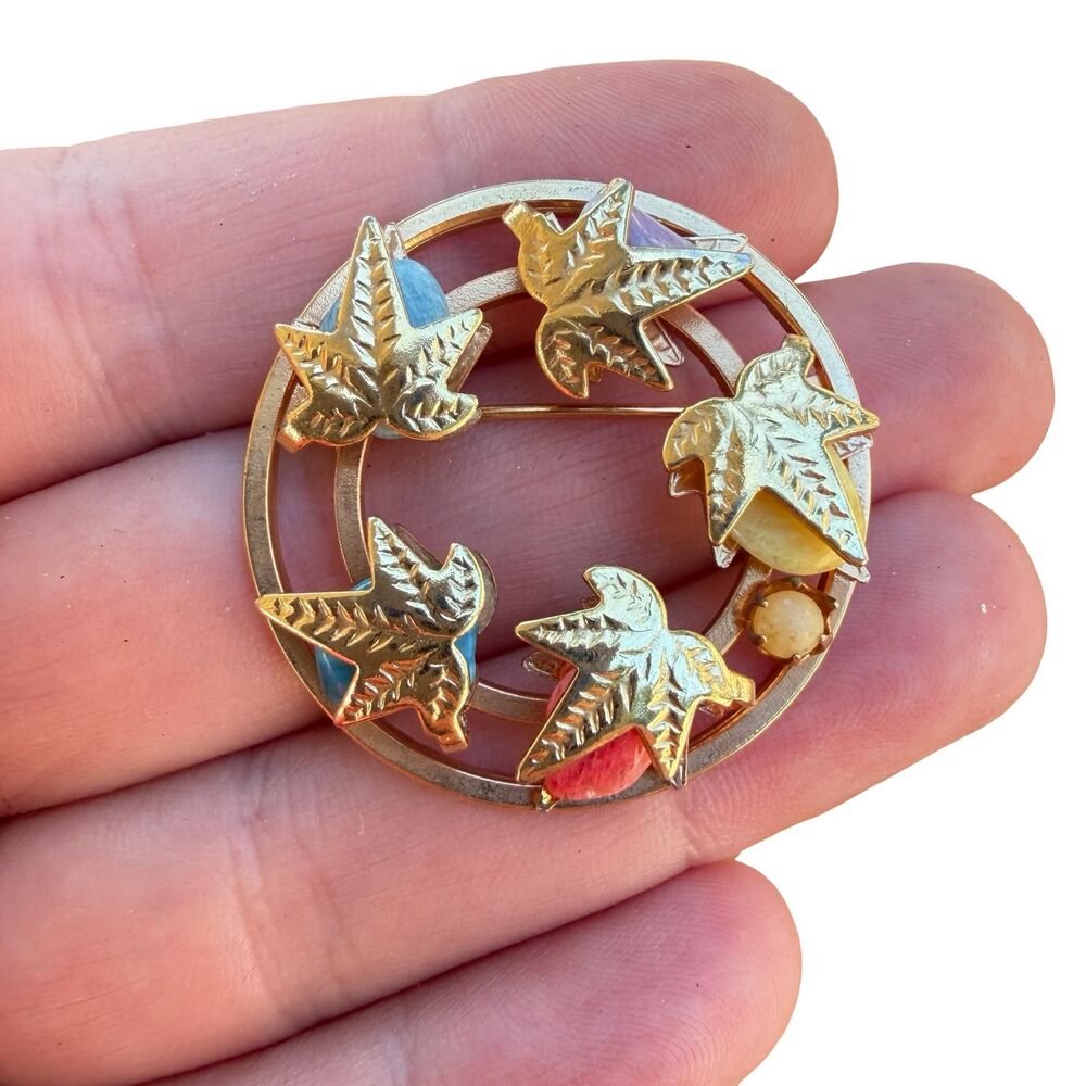 Vintage Sarah Coventry Semi-Precious Pin Brooch: Gold Tone Leaves, Pearl, and St